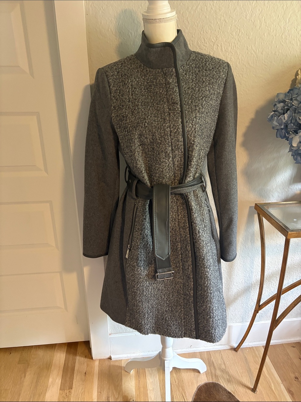 Vince Camuto Grey Belted Wool-Blend Trench Coat NWOT